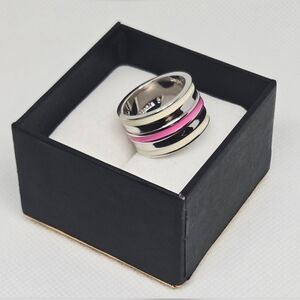 Lia Sophia Pink Enamel Wide Band Ring Size 8 Silver Tone Statement